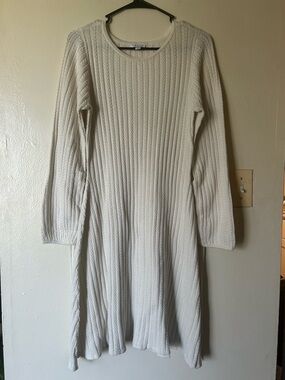 M Cream Cable-Knit Bell-Sleeve Dress Minimalist Boho Fairy Cozy